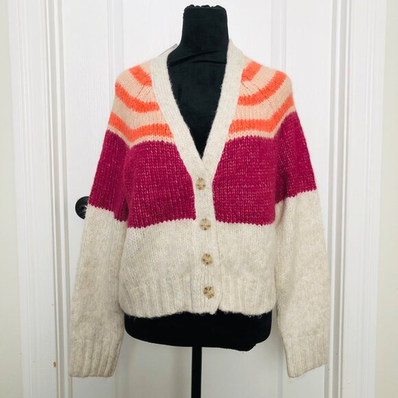 American Eagle Women's Colorblock Cardigan Sweater M Wool Blend Button-Down NWT‎ - Picture 1 of 8